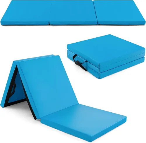 Vista 13 de Goplus Esterilla de Gimnasia Plegable, 6' x 2' x 2'' de Grosor Tri-Fold Esterilla de Ejercicio y Volteretas con Asas de Transporte, Cierre de Gancho