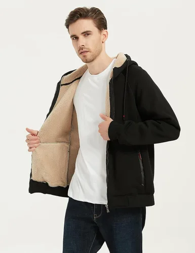 Vista 4 de Flygo Sudadera con capucha de forro polar para hombre, cálida con cremallera completa, forro de sherpa, chaqueta de invierno