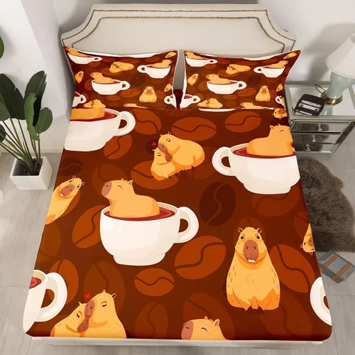 Vista 17 de Capybara - Sábana bajera ajustable tamaño individual, sábanas florales kawaii, diseño de animales rosados, dibujos animados, vida silvestre, roedor