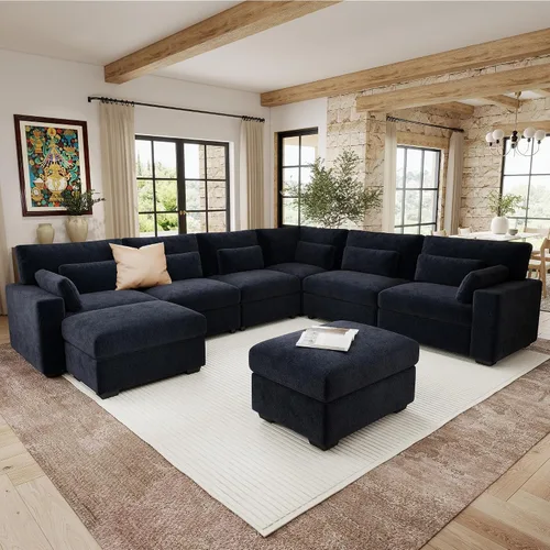 Vista 13 de Sofá modular de 146.5 pulgadas, sofás extra profundos en forma de U para sala de estar, sofá de felpilla de 4 asientos con patas de madera, otomana