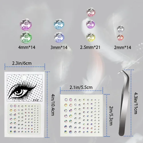 Vista 3 de 4 hojas de calcomanías de diamantes de imitación de gemas para la cara, cristales autoadhesivos para maquillaje, pequeñas gemas acrílicas adhesivas