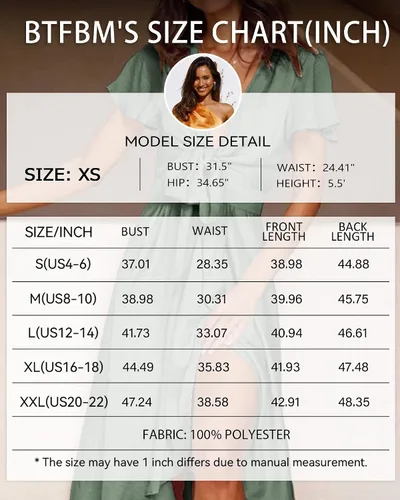 Vista 5 de BTFBM Vestidos de verano de satén con cuello en V profundo para mujer, manga corta, lazo frontal, cintura alta, volantes, acampanado, vestido