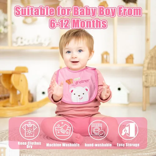 Vista 5 de Baberos impermeables de algodón para bebé, 24 unidades, ajustable, con cierre de , para alimentar, dentición, babeo, 6-12 meses Rosa