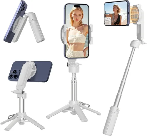 Vista 9 de Mini palo magnético para selfie para iPhone, trípode portátil 4 en 1 de tamaño de bolsillo para iPhone MagSafe/Android con control remoto/luces