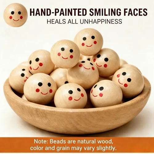 Vista 4 de 40 cuentas de madera redondas de madera con cara sonriente, cuentas de madera impresas espaciadoras para manualidades, manualidades, joyería