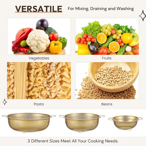 Vista 6 de Baderke Colador de metal dorado de acero inoxidable con asa, colador dorado para cocina, drenaje, pasta, enjuague, verduras, arroz, alimentos, 3