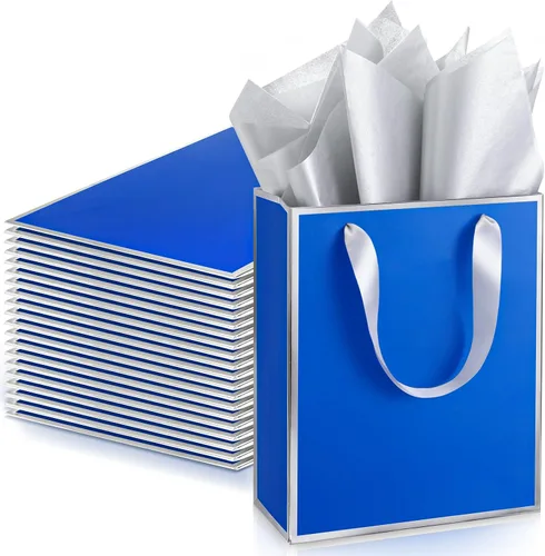 Vista 27 de Yeaqee Paquete de 24 bolsas de regalo de papel metálico con asa y tejido de 9 x 7 x 3.1 pulgadas, papel de aluminio dorado, bolsas de agradecimiento