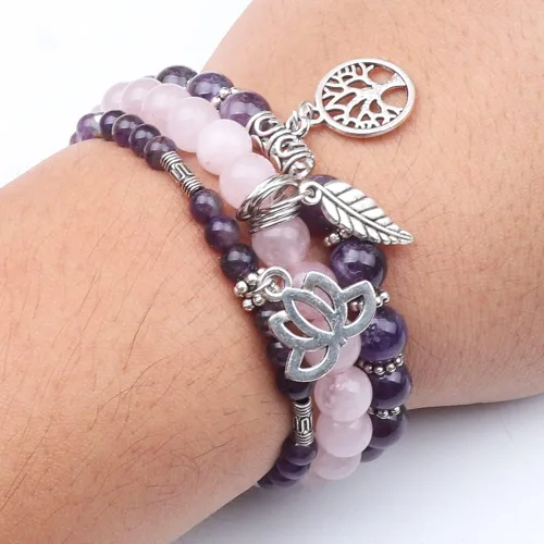Vista 5 de UEUC - Pulseras Reiki, apilables, de piedras curativas, cristales, con dije del árbol de la vida, yoga y hoja de loto, contra la ansiedad