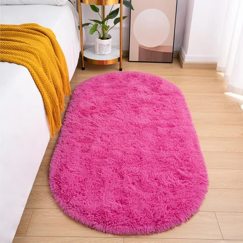 Vista 17 de Goideal - Alfombra esponjosa de dormitorio, alfombra pequeña ovalada, alfombra negra peluda para mesita de noche, ideal para habitación infantil