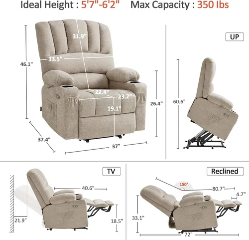 Vista 3 de MCombo Silla reclinable grande para personas mayores, silla elevadora con calor y masaje, 3 posiciones, puertos de carga USB, portavasos, tela 7099