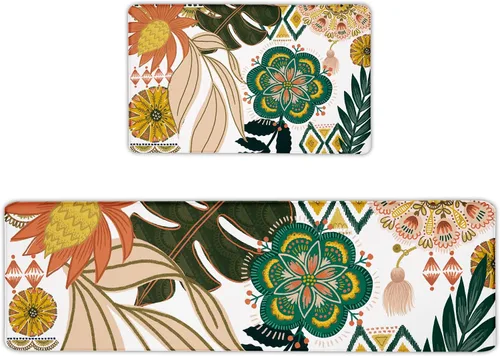 Vista 14 de Tyrot Alfombras de cocina negras estilo boho azteca, juego de 2 tapetes acolchados antifatiga, alfombras de espuma de estilo occidental para cocina