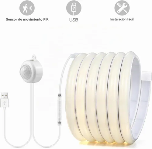 Vista 4 de Tira de luces LED con sensor de movimiento COB, luces de tira LED de neón con sensor de movimiento USB de 5 V, tira de luz LED impermeable de 6.56
