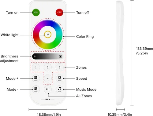 Vista 2 de BTF-LIGHTING RB3 2.4G Mando a distancia inalámbrico táctil RF para tira de luces LED RGB RGBW de persecución SPI, control de 4 zonas compatible