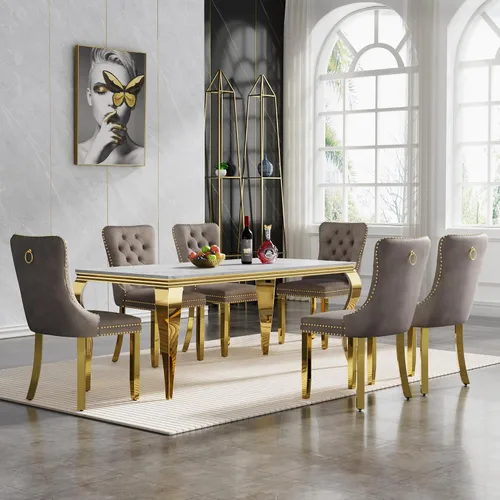 Vista 67 de Juego de mesa de comedor de mármol sintético, 7 piezas, juego de mesa de cocina y comedor para 6, mesa de comedor rectangular blanca de 70 pulgadas