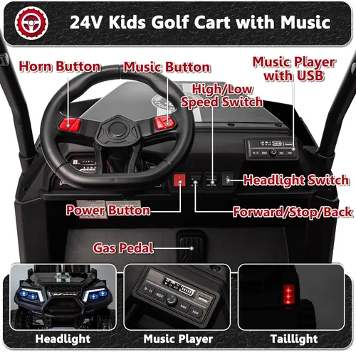 Vista 5 de Juguetes de paseo de 24 V para niños grandes, carrito de golf de 4 Negro