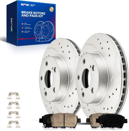 Vista 45 de Kit de freno delantero KAX, rotores de freno ranurados y con hendiduras, pastillas de freno cerámicas Compatible con Honda Accord 1990 1991 1992