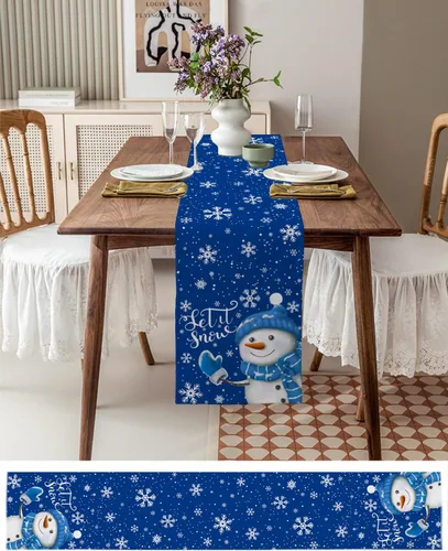 Vista 26 de Camino de mesa de muñeco de nieve de Navidad negro – Lino de algodón de 36 pulgadas de largo, bufandas de vestido de Navidad con copo de nieve