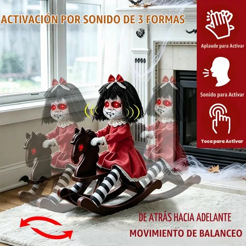 Vista 2 de Halloween Animatronic Decorations Girl Doll on Rocking Horse with Lights