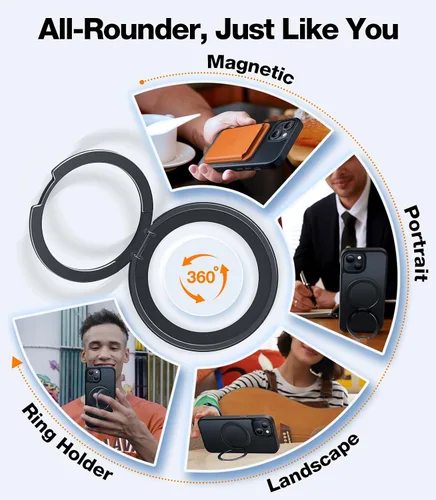 Vista 5 de TORRAS Funda con soporte giratorio de 360° para iPhone 15/iPhone 14, compatible con MagSafe, soporte de anillo magnético