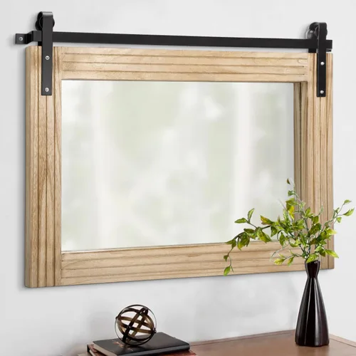 Vista 17 de AAZZKANG Espejo con marco de madera, estilo de puerta de granero, rectangular, decorativo, baño, dormitorio, tocador, decoración de pared del hogar