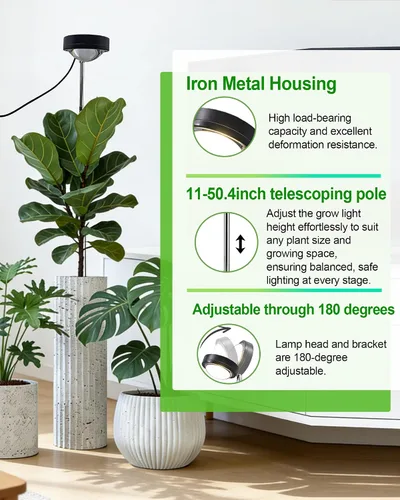 Vista 3 de yadoker - Luz de cultivo de plantas, luz LED de espectro completo para plantas de interior, lupa negra, altura ajustable, temporizador automático