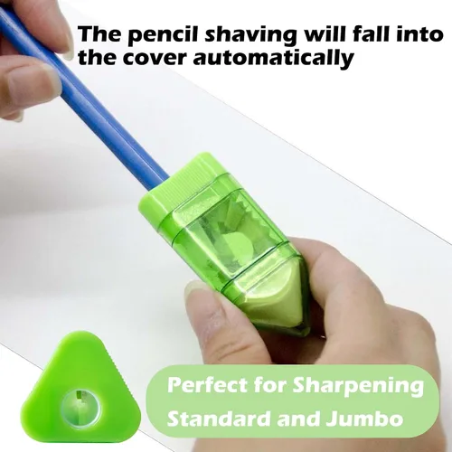 Vista 4 de 20 sacapuntas manuales con borrador, 2 en 1, sacapuntas de mano de forma triangular de un solo orificio con receptáculo y borrador para suministros