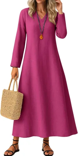 Vista 5 de Vestido de lino de algodón para mujer, de manga larga, holgado, ligero, básico, con cuello en V, vestido largo y modesto