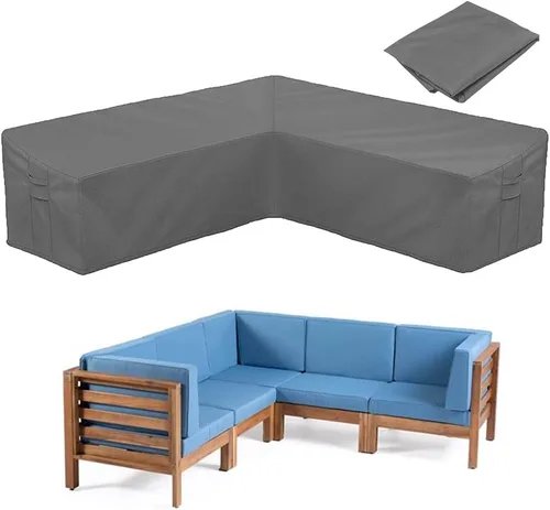 Vista 8 de Funda para sofá de patio, funda para muebles seccionales en forma de L, resistente al agua, protector de sofá de jardín con correa de hebilla y asa