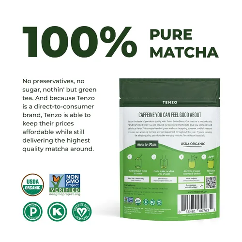 Vista 2 de Tenzo Matcha - Polvo de té verde BetterBoost (1.06 onzas) con batidor de bambú de 100 puntas