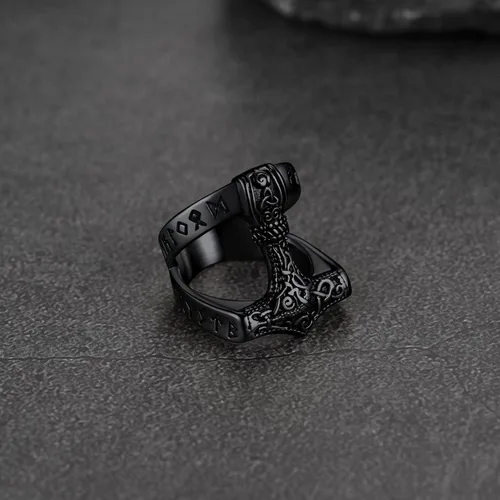 Vista 7 de FaithHeart Norse Viking Jewelry - Anillo de acero inoxidable de guerrero para hombre con diseño vikingo de cabeza de lobomartillo de Thor
