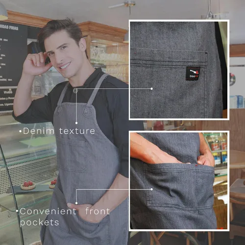 Vista 2 de Delantal Oxford Denim - Delantal para mujer y hombre con ojos metálicos. Correas ajustables en la espalda y cintura. Para trabajo de cocina, chef.