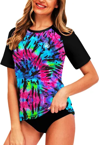 Vista 2 de AOBUTE Women Short Sleeve Rash Guard Gradient Sun Protection Swim Shirts