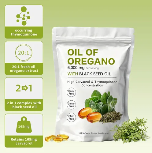 Vista 2 de Cápsulas blandas de aceite de orégano – Aceite de orégano con aceite de semilla negra de 6000 mg Aceite de orégano 2 en 1 Sin OMG – Sin gluten
