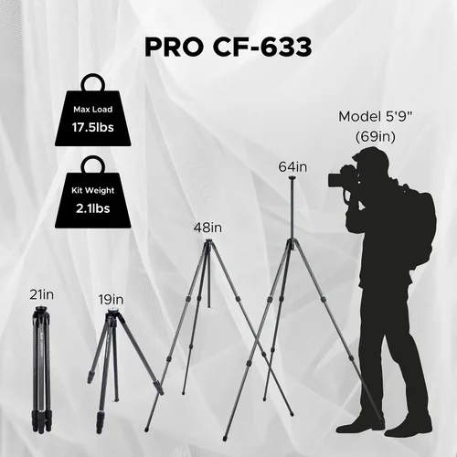 Vista 7 de Slik Pro CF-633 Trípode de fibra de carbono de 3 secciones 64.1 "Negro (611-894)
