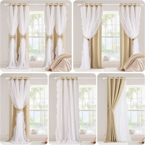 Vista 2 de PONY DANCE Cortinas con Volantes de Doble Capa con Superposición Transparente, Decoración Elegante para Ventanas de Diseño Rústico Francés de Campo