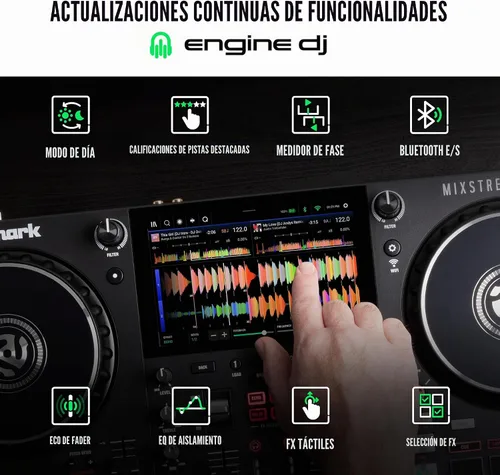 Vista 4 de Numark Controlador de DJ Mixstream Pro+ con Separación de Stems, 2 Decks, Transmisión Wi-Fi, Mezclador, Pantalla Táctil de 7", Altavoces, funciona