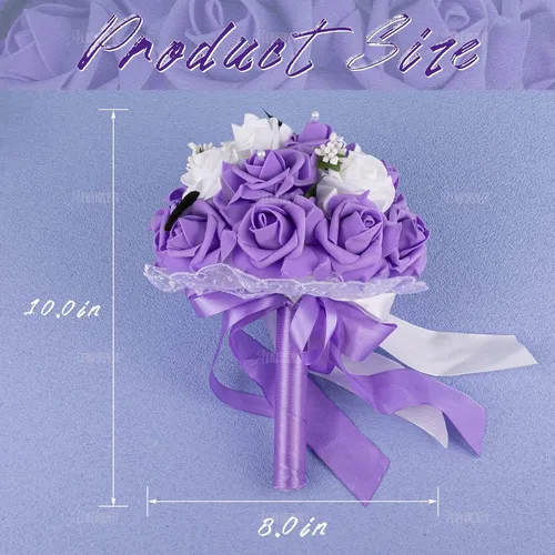 Vista 2 de AUEAR, Ramos de novia de flores para dama de honor, perla de seda, rosa artificial para fiesta de novia e iglesia (morado)