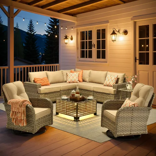 Vista 85 de HOOOWOOO Juego de Muebles Seccionales para Patio al Aire Libre, 6 Piezas Juegos de Conversación de Mimbre Sofá en Forma de L, Sofá Extra Profundo