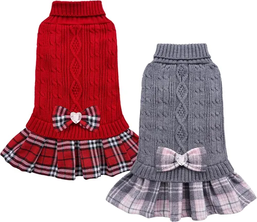 Vista 8 de YUDODO Small Dog Sweater Dress with Bowtie Turtleneck - Knitted Pet Clothes Dusty Pink