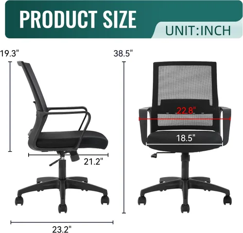 Vista 3 de FDW Silla de escritorio ergonómica de malla para computadora, de media espalda, con descansabrazos, giratoria, ajustable, soporte lumbar, Negro