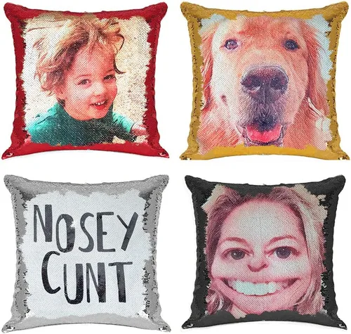 Vista 5 de Funda de almohada con lentejuelas para fotos/texto, imagen oculta, regalo personalizado único para amigos, familia, mascotas, lentejuelas negras