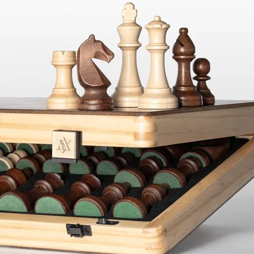Vista 2 de A&A Juego de ajedrez magnético de madera plegable de 15 pulgadas con piezas de ajedrez Staunton de altura King de 3 pulgadas, caja de pino con Claro