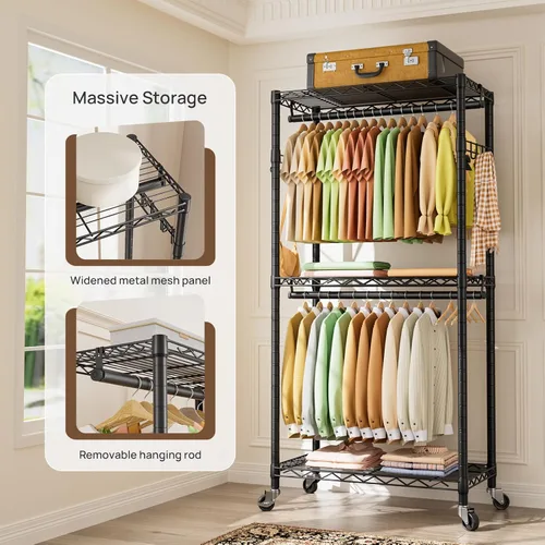 Vista 5 de Estante para ropa resistente con ruedas, estante enrollable para prendas, estantes ajustables de alambre de 3 niveles para colgar ropa con barras