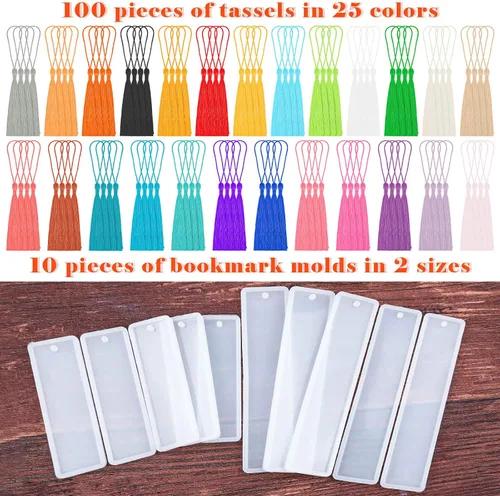 Vista 3 de Caffox Kit de moldes para marcapáginas con 100 borlas y 10 moldes de silicona para fundición de resina epoxi