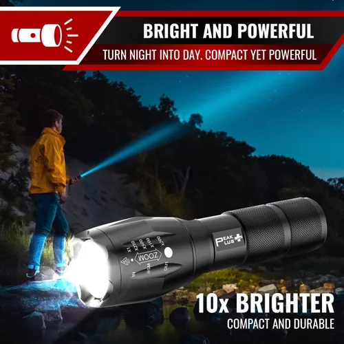 Vista 5 de PeakPlus Linternas LED de alto lúmenes, luces tácticas de flash [4 unidades] – Super brillante impermeable zoomable 5 modos – Potente linterna