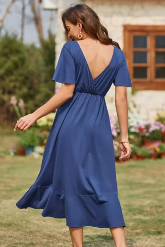 Vista 2 de LAISHEN Vestido de maternidad para sesión de fotos, manga corta, cuello en V, volantes, casual, baby shower, boda, invitada, ropa de embarazo