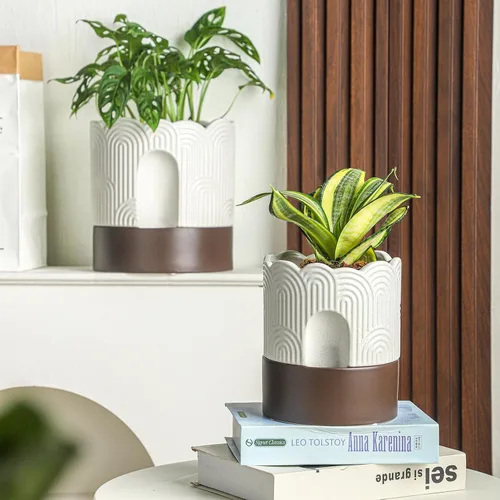 Vista 5 de Nihow Maceta de riego automático: maceta de cerámica de 6 pulgadas con orificio de drenaje y almacenamiento de agua, maceta de riego automático