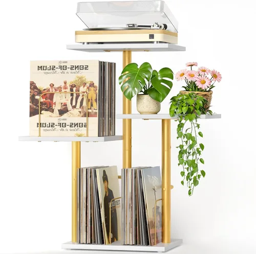 Vista 10 de Bikoney - Soporte Botánico para Tocadiscos con Almacenamiento de Vinilo, Mueble de Mesa para Tocadiscos de Madera con Estante para Discos LP