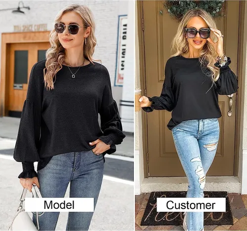 Vista 2 de MIHOLL Blusa de manga larga para mujer, cuello redondo, manga farol, casual, holgada, para mujer