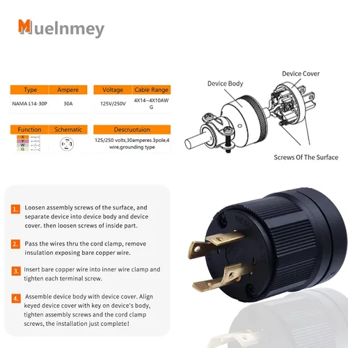 Vista 2 de Enchufe macho de bloqueo NEMA L14-30P 2PCS para generadores, enchufe eléctrico con extremo de cable de extensión 30A, 125/250V, 3 polos de 4 hilos